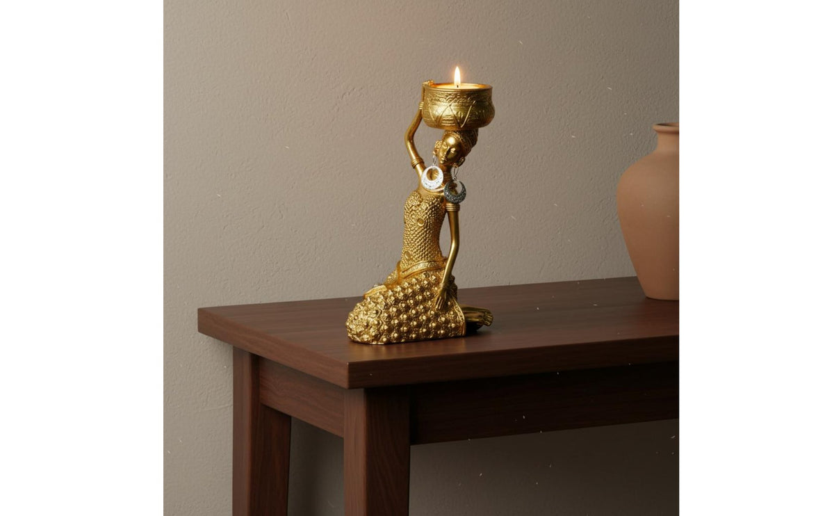 Artistic Design African Woman Figurine Tabletop Decoration Exotic Woman Candle Stand Centerpiece Decorative Lady Sculpture Eye-Catching for Wine Cabinet, Entryway