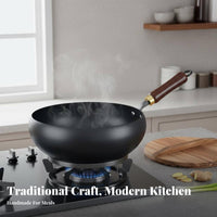 Handmade Cast Iron Wok No Coating Round Bottom Cooking Pot Even Heat Distribution Uncoated Stir Fry Pan for Home Cooks
