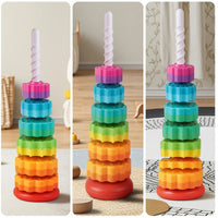 Rotate Rainbow Stacking Column Smooth-Edged Rotating Stacker Interlocking Stacking Toy with Spiral Post Textured for Toddlers, Babies, Playroom, Classroom