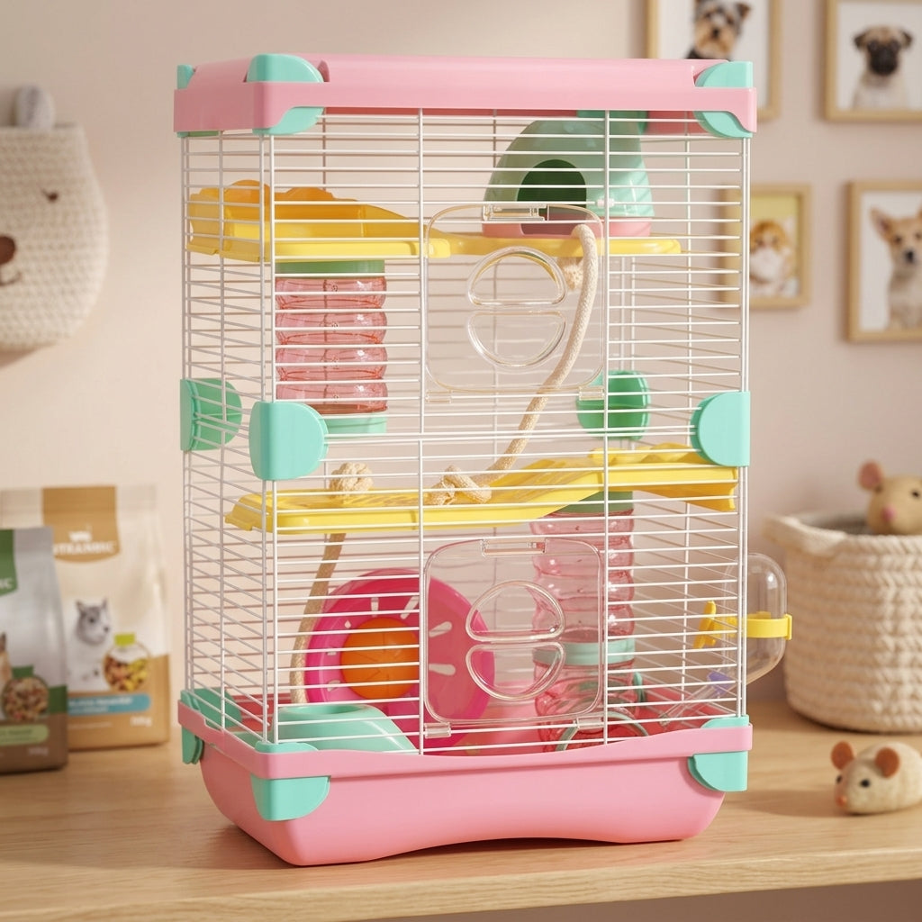 Hamster Cage 2-Level Villa with Handle and Tunnels, Multi-Level Dwelling Suitable for Hamsters, Secure Space for Small Gerbils