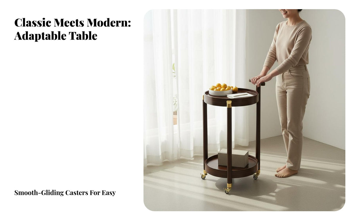 Solid Wood Construction Mobile End Table Space-Saving Design Tiered Wooden Trolley Multi-Purpose 2 Tier Rolling Cart Raised Edges for Apartment Dwellers, Homeowners, Entertainers, Living Room, Kitchen, Bedroom, Office
