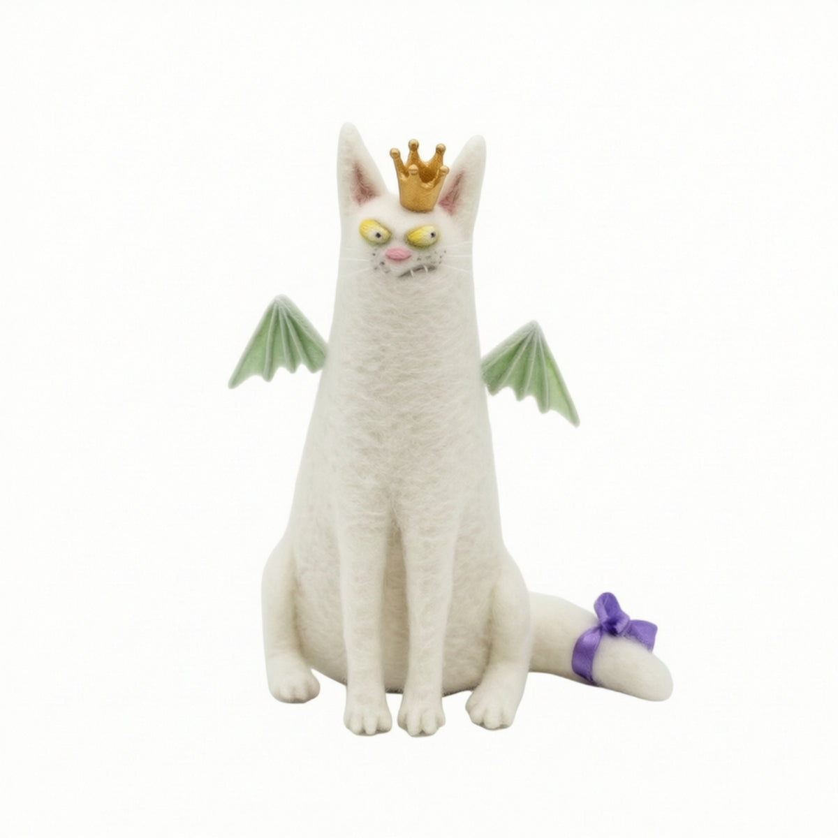 Handmade Cat Figurine with Crown Miniature Wool Felt Cat Whimsical Wool Felt Figurine Collectible for Collectors, Desk, Bookshelf, Office