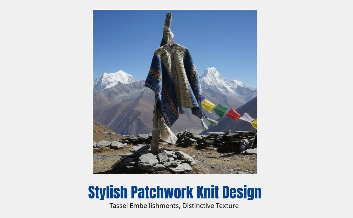 Ethnic Style Knitted Shawl Blanket, Women's Warm Patchwork Cape, Holiday Poncho, Decorative Wrap