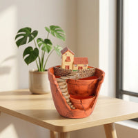 Fairy Garden Pot Indoor Planter with House Sculptural Planter Tabletop Succulent Pot Small for Hobbyists, Desk, Windowsill