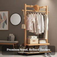 Solid Wood Construction Wooden Clothes Rack with Shelves Mobile Design Clothing Rack with Shelves Multifunctional Bedroom Clothes Hanging Stand Space-Saving for Renters, Students, Homeowners, Entryway, Dorm Room, Walk-in Closet