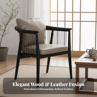 New Chinese Design Wooden Frame Accent Chair Wabi-Sabi design Upholstered Accent Chair Leather Upholstery Armchair Minimalist Aesthetic for Tea aficionados, Interior Designers, Living Room, perusing corner, Bedroom, Hotel Lobby