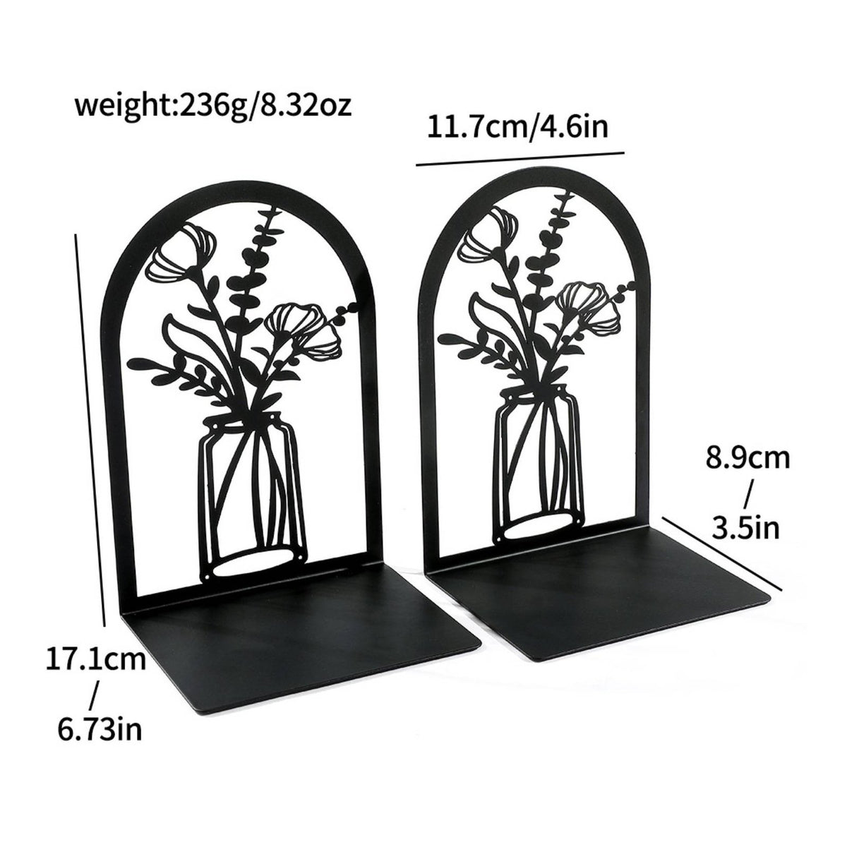 2 Pieces Space Saving Vase Pattern Bookends Sturdy Hollow Floral Book Stand Sturdy Flower Bookend Set for Bookshelf, Desk, Office