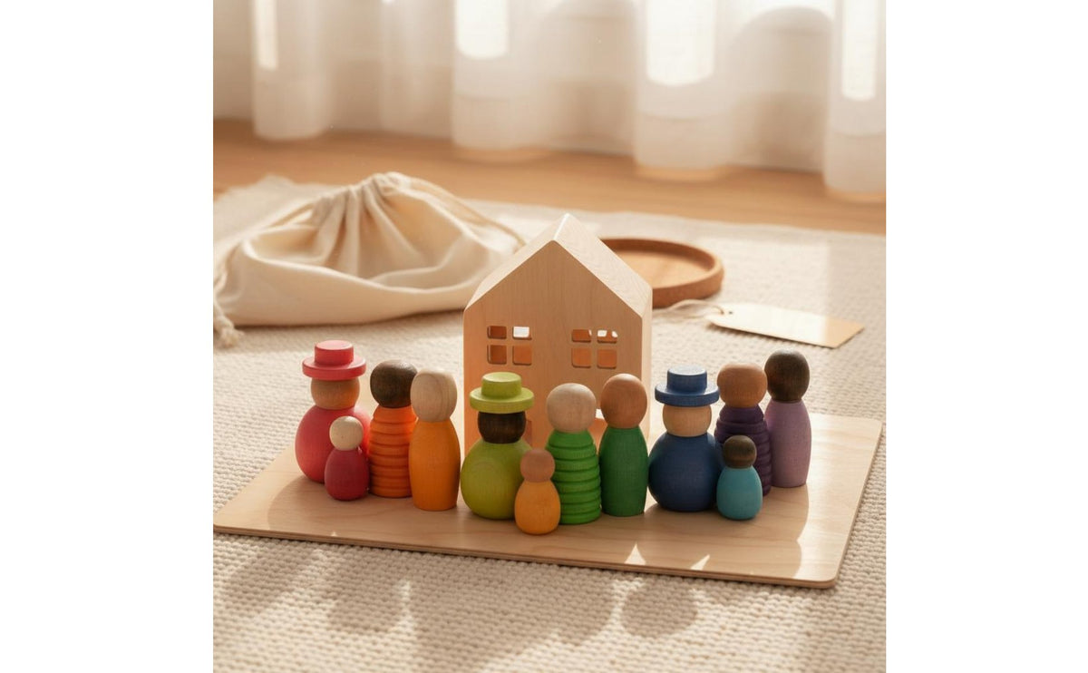 12 Pieces Colorful Wooden Family Figures Early Education Wooden Peg People Educational Educational Method Rainbow People for Young Children