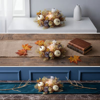 Harvest Wreath with Glass Holder Autumnal Candle Loop Festive Centerpiece Faux for Hosts, Tabletop, Thanksgiving, Mantel