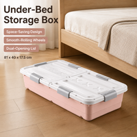 Under Bed Clothes Storage Box with Wheels, 81x40x17.5cm Clear PP Container, Double Opening Lid for Bedroom Organiser