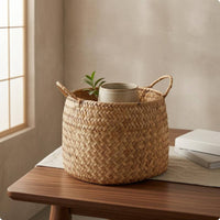 Handwoven Rattan Basket Finish Home Organizer Look for Desktop, Display