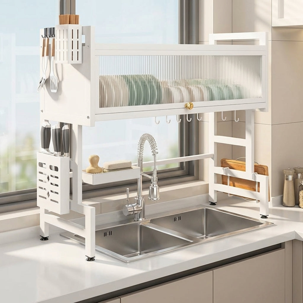 Over Sink Shelf Dish Rack, 2 Tier Carbon Steel Kitchen Sink Organiser and Drainer, Modern Design Aesthetic Saving Kitchen Tool