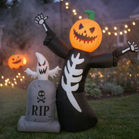 2 Pieces Spooky Inflatable Skeleton with Pumpkin Head Outdoor Inflatable Tombstone with Ghost Self-Standing Halloween Inflatables Lawn for Porch