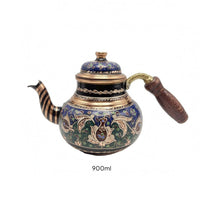 Handmade Copper Turkish Teapot Floral Scroll Design Decorative Copper Tea Pot Metallic-Finish Trim Turkish Style Teapot Wood-Textured Grip