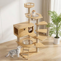Cat Activity Tree with House and Bed, 5-Level Solid Wood Scratching Board, Ladder Meow and Hammock for Large Indoor Cats to Play and Rest