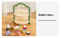 7 Pieces Ideal Gift Afternoon Tea Toy Set Encourages Creativity Pretend Play Cake Set Educational Wooden Dessert Stand Playset Develops Fine Movement Skills for Girls, Preschoolers, Toddlers