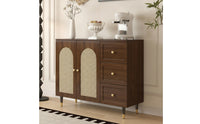 Storage Cabinet with Rattan Doors Wood-Grain Rattan Sideboard Wooden Floor Cabinet with Legs for Renters, Dining Room, Entryway, Kitchen