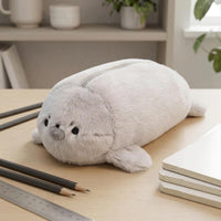 Stuffed Seal Pen Case Cartoon-Like Faux Hair Pen Case Zipper Stationery Item Protective for School, Desk