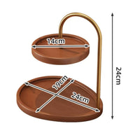 Wood-Grain 2 Tier Storage Rack Gold-Toned Two-Tier Storage Rack Curved Metal Tabletop Display Stand Raised Rim for Dresser, Entryway
