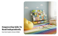 On casters Rolling Book Organizer Front-Facing Display 5-Tier Rolling book organizer Space-Saving children's Furniture Slim contour for Toddlers, Students, Nursery, Playroom, Kindergarten, Living Room