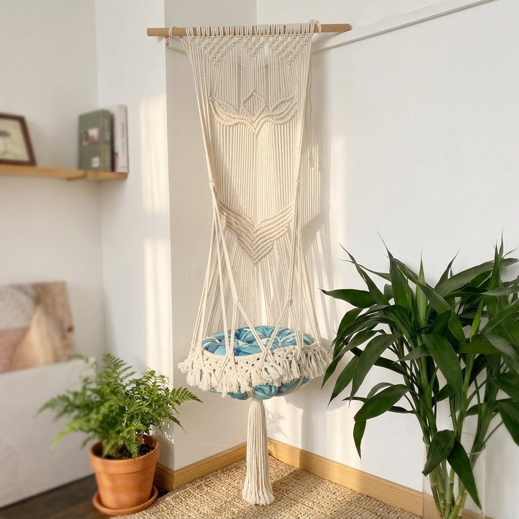 Hanging Cat Bed Round Rope Basket, Hand-Woven Swing Hammock with Tassel Detail, Ceiling Mounted Cat Hammock for Indoor Balcony Resting