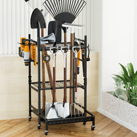 Garden Tool Straight Hook Storage Rack with Wheels, 3-Tier Carbon Steel Organizer