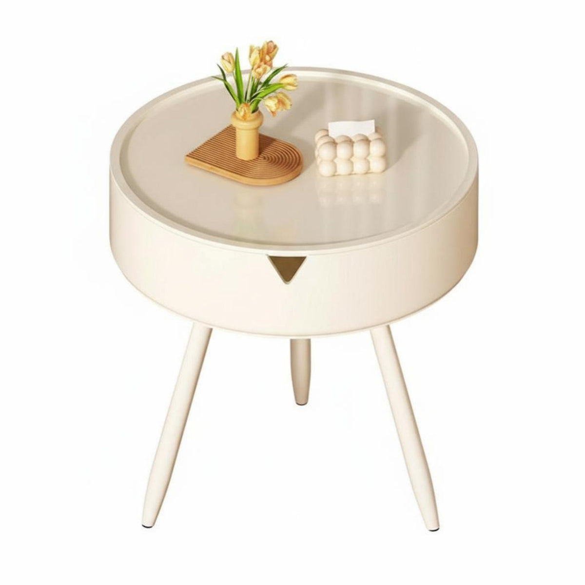 Cream aesthetic C-Shaped Bedside Table Minimalist Design Nightstand Space-Saving Accent Furniture Integrated Storage for Apartment Dwellers, Homeowners, Remote Workers, Bedroom, Small Spaces, Dorm Room, Home Office
