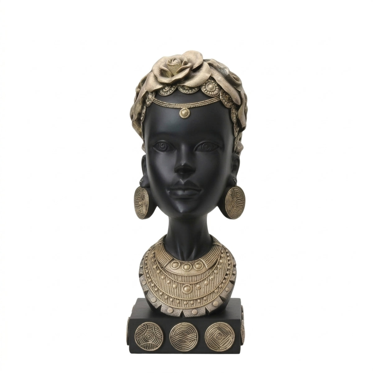 African Woman Bust Statue Afrocentric African Lady Bust Ornate Figurine with Earrings and Necklace for Art Collectors, Living Room, Bookcase