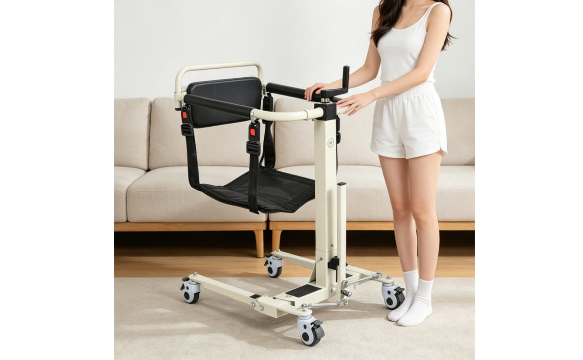 Manual Patient Transfer Lift Wheeled Patient Lift with Hammock-Style Seat Floor-Standing Manual Transfer Chair for Caregivers, Patients, Toileting