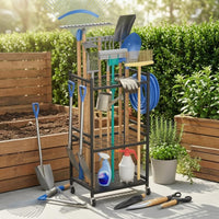 Long-Handled Tool Rack Castor Wheels Garden Tool Rack Large Capacity for Garage, Utility Room