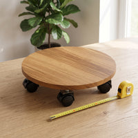 Round Wooden Plant Caddy with Wheels and Brakes, Heavy Duty Rolling Planter Stand for Indoor/Outdoor Use