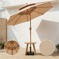 Patio Umbrella with Base UPF 50+ Two-Tiered Top Patio Umbrella Wood Look for Cafes, Backyard, Balcony, Camping