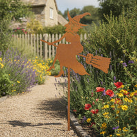 Rusted Witch Stake with Broom Metal Witch Silhouette Halloween Ornament Spooky for Garden, Lawn, Flower Bed