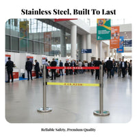 High Visibility Double Belt Retractable Barrier 4-Way Adapter Head Retractable Belt Stanchion Easy Assembly Stainless Steel Queue Pole for Event Organizers, Security Personnel, Business Owners, Airports, Exhibition Halls, Hotels, Theaters