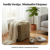 Nordic Design Woven Cube Ottoman Corduroy Upholstery Woven Cube Pouf Multi-Functional Footstool Creative Seating for Home Decorators, Interior Designers, Entryway, Living Room, Bedroom, Lounge Area