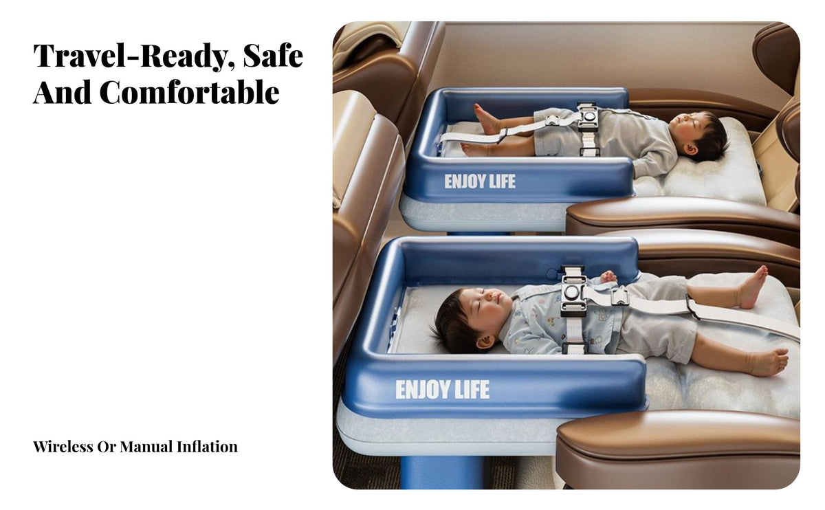 Portable Children's Inflatable Travel Bed Lightweight Train Seat Sleeper Soft & Comfortable Kids Travel Air Mattress Safety Guardrail for Toddlers, Babies, Parents, Road Trips