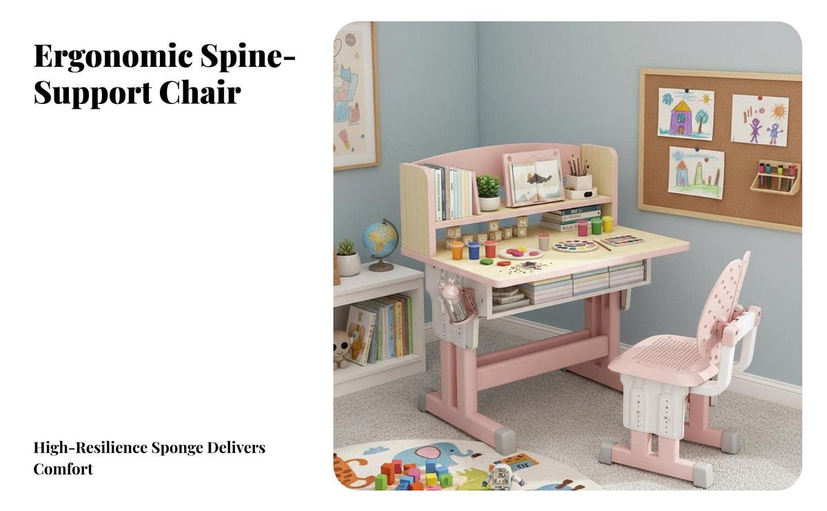 Adjustable Kids Study Desk Set Built-in Book Holder Ergonomic children's Writing Table and Chair Bookstand Included Height Adjustable School Desk Set