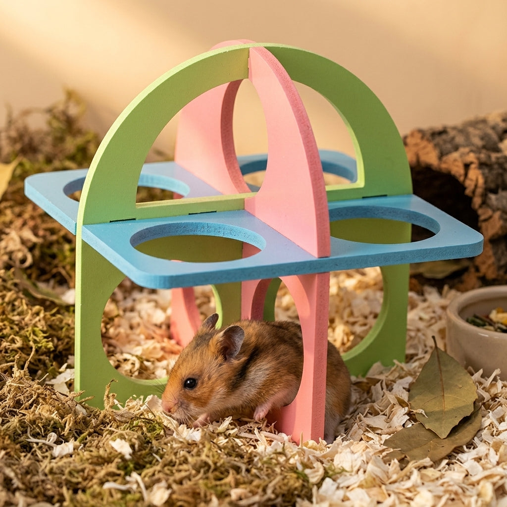 Wood Hamster Foraging Toys and Hamster Wheel, Chewable Hamster Toys for Dental Health, Washable No Assembly Wood Enrichment Block