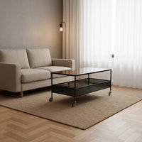 With casters 2-Tier Glass Top Tea Table Easy to Move Living Room Furniture Space-Saving Mobile Storage Multi-Functional for Homeowners, Renters, Home Office, Bedroom, Reception Area
