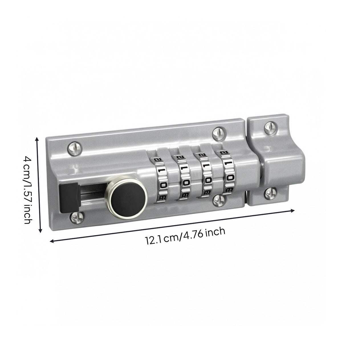 Metal Combination Latch Lock Silver Finish 4 Digit Latch Lock Rectangular Faceplate Keyless Slide Bolt Turn Knob