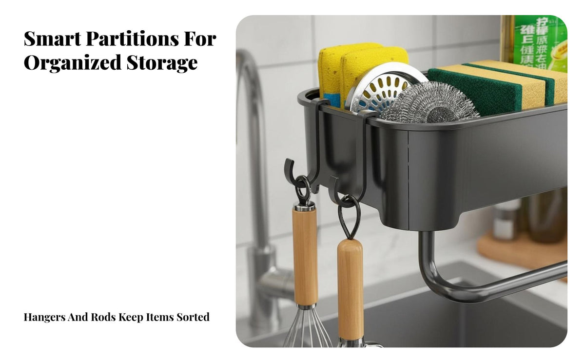 No-Drill Installation Draining Sponge Rack with Towel Bar Space-Saving Sponge Holder with Towel Bar Multi-Compartment Kitchen Organizer Large Capacity for Renters, Homeowners, Organization Enthusiasts, Countertop, Housewarming, Bathroom