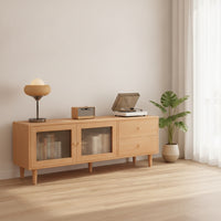 TV Cabinet with Drawers Solid Wood TV Stand with Drawers Ribbed Glass-Front Media Console for Living Room, Apartment