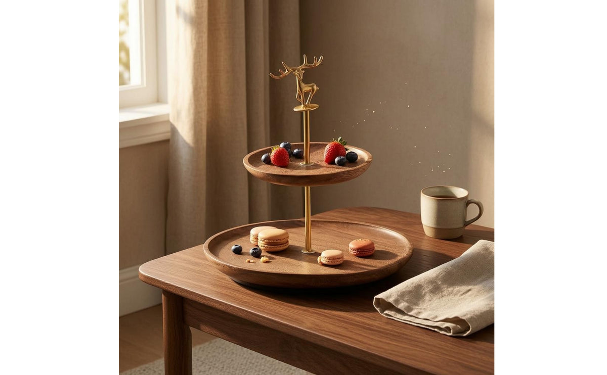 Decorative Deer Tray Smooth Two-Tier Wooden Tray Metal Frame Tiered Display Stand