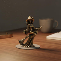 Handmade Craft Witch on Broom Statue Creative Design Brass Witch Figurine for Desktop, Office, Bookshelf