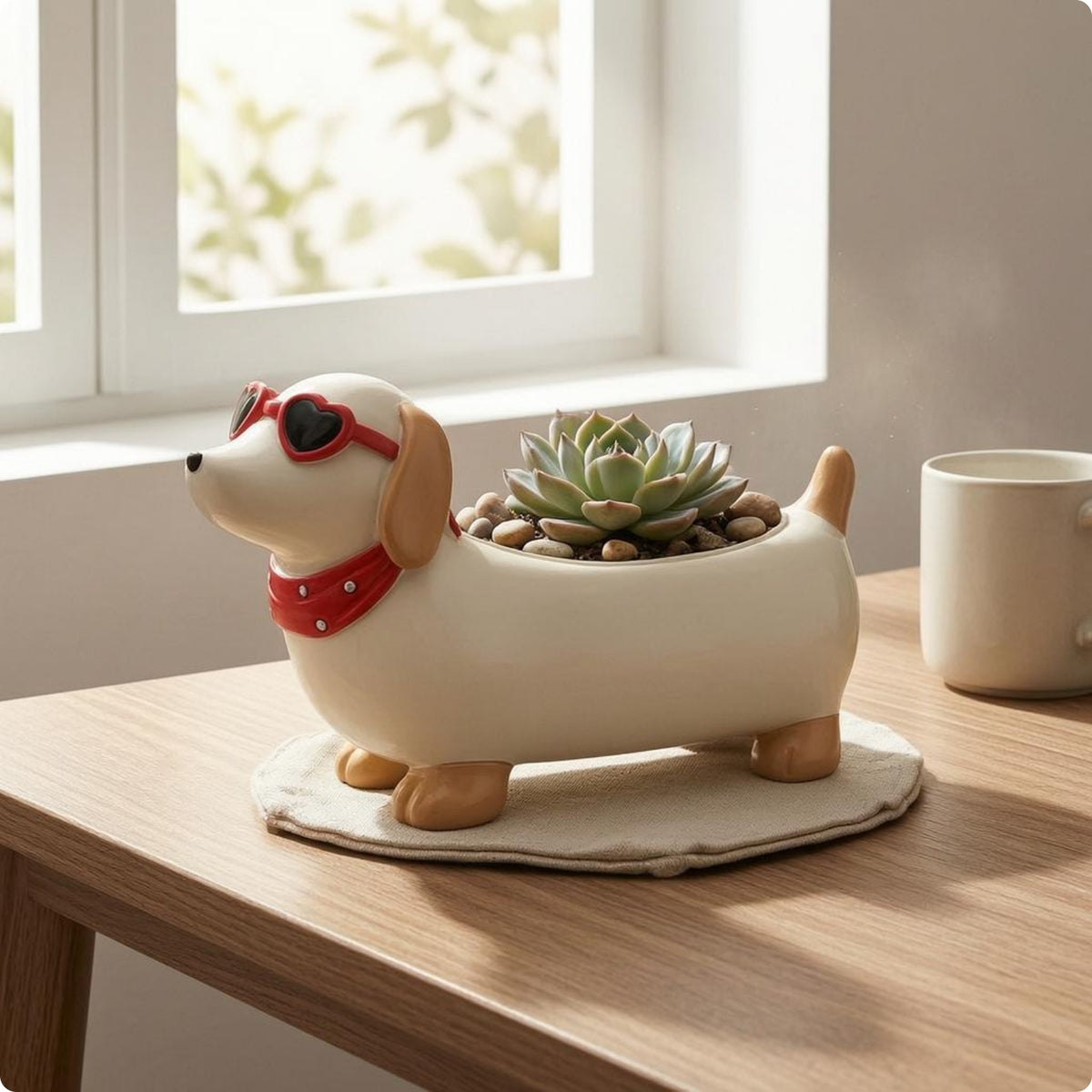 Painted Finish Resin Dachshund Pot Exposed Cavity Dachshund Planter Standing Legs Desktop Planter Small Plants for Desk
