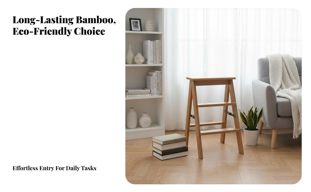 Foldable 3 Step Folding Ladder Space-Saving Bamboo Step Stool Multi-Functional Convertible Ladder Chair Sturdy and Stable for Homeowners, Adults, Seniors, Kitchen, Living Room, Office, Study
