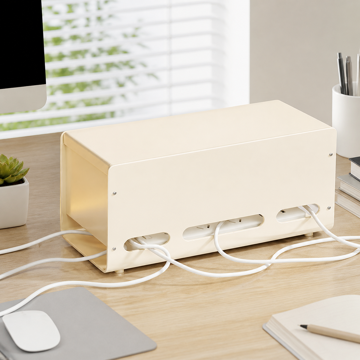 Metal Cable Management Box, Vented Cord Organiser with Lid, 1L Freestanding Under Desk Storage for Cables, Desk