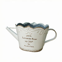 Scalloped Rim Watering Can Planter Side Handle Metal Flower Planter Long Spout Distressed Gold Watering Can Printed Lettering