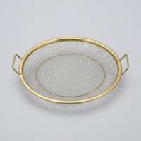2 Pieces Two Handles Drain Basket and Plate Set Metal Rim Frying Drain Basket Gold-Tone Food Strainer Boxed Packaging