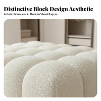 Light Luxury Design Puffy Block Stool Boucle Texture Upholstered Bench Creamy White Ottoman Multi-Functional for Apartment Dwellers, Homeowners, Parents, Bedroom, Entryway, Cloakroom, Living Room